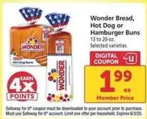 Safeway Wonder Bread, Hot Dog or Hamburger Buns offer