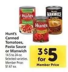 Safeway Hunt's Canned Tomatoes, Pasta Sauce or Manwich offer