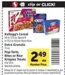 Safeway Kellogg's Cereal, Extra Granola, Pop-Tarts, Bites or Rice Krispies Treats offer