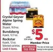 Safeway Crystal Geyser Alpine Spring Water, Bundaberg, Rockstar offer