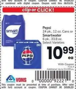 Albertsons Pepsi 24 pk., 12 oz. Cans or Smartwater 6 pk., 33.8 oz. - Select Varieties offer