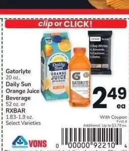 Albertsons Gatorlyte 20 oz., Daily Sun Orange Juice Beverage 52 oz. or RXBAR 1.83-1.9 oz. - Select Varieties offer