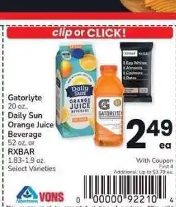 Albertsons Gatorlyte 20 oz., Daily Sun Orange Juice Beverage 52 oz. or RXBAR 1.83-1.9 oz. - Select Varieties offer