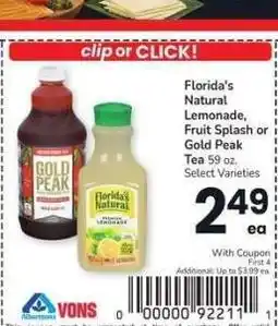 Albertsons Florida's Natural Lemonade, Fruit Splash or Gold Peak Tea - 59 oz. Select Varieties offer