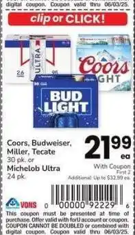 Albertsons Coors, Budweiser, Miller, Tecate 30 pk. or Michelob Ultra 24 pk offer