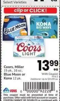 Albertsons Coors, Miller 15 pk., 16 oz., Blue Moon or Kona 12 pk offer