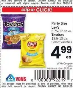 Albertsons Party Size Lay's 9.75-17 oz. or Tostitos 12.5-13 oz. - Select Varieties offer