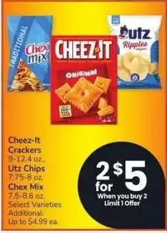 Albertsons Cheez-It Crackers 9-12.4 oz., Utz Chips 7.75-8 oz. Chex Mix 7.5-8.6 oz. - Select Varieties offer