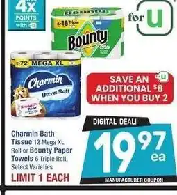 Albertsons Charmin Bath Tissue 12 Mega XL Roll or Bounty Paper Towels 6 Triple Roll - Select Varieties offer