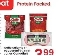 Albertsons Gallo Salame or Pepperoni 6-7 oz. or Jones Canadian Bacon 6 oz. - select varieties offer
