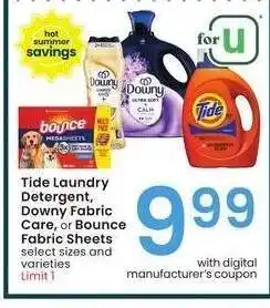Albertsons Tide Laundry Detergent, Downy Fabric Care, or Bounce Fabric Sheets - select sizes and varieties offer