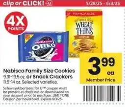 Albertsons Nabisco Family Size Cookies 9.31-19.5 oz. or Snack Crackers 11.5-14 oz. - Selected varieties offer
