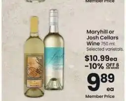 Albertsons Maryhill or Josh Cellars Wine - 750 ml. Selected varietals offer