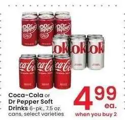 Albertsons Coca-Cola or Dr Pepper Soft Drinks - 6-pk., 7.5 oz. cans, select varieties offer