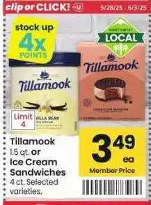 Albertsons Tillamook 1.5 qt. or Ice Cream Sandwiches 4 ct. - Selected varieties offer
