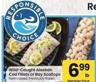 Albertsons Wild-Caught Alaskan Cod Fillets or Bay Scallops - Farm raised. Previously frozen offer