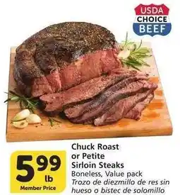 Albertsons Chuck Roast or Petite Sirloin Steaks - Boneless, Value pack offer