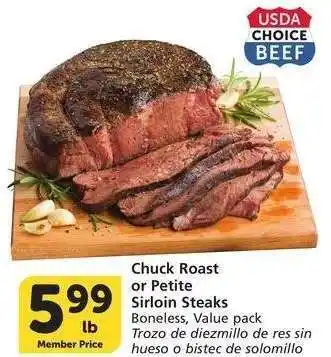 Albertsons Chuck Roast or Petite Sirloin Steaks - Boneless, Value pack offer