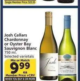 Albertsons Josh Cellars Chardonnay or Oyster Bay Sauvignon Blanc - Single Member Price: $11.10 Mix or Match offer