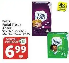 Albertsons Puffs Facial Tissue* - 4 pack Selected varieties Member Price: $7.99 offer