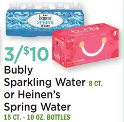 Heinen's Bubly Sparkling Water 8 CT. or Heinen's Spring Water 15 CT. - 10 OZ. BOTTLES offer