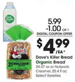 Kroger Dave's killer bread organic bread or nutpods creamer offer