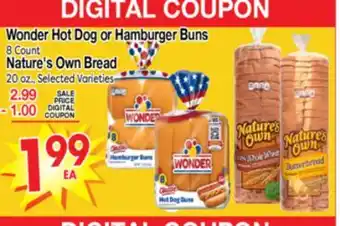 Superior Grocers Wonder Hot Dog or Hamburger Buns 8 Count Nature's Own Bread 20 oz offer