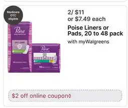 Walgreens Poise Liners or Pads, 20 to 48 pack offer