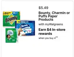 Walgreens Bounty, Charmin or Puffs Paper Products offer
