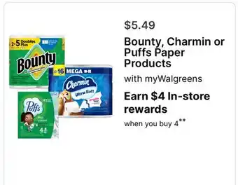 Walgreens Bounty, Charmin or Puffs Paper Products offer
