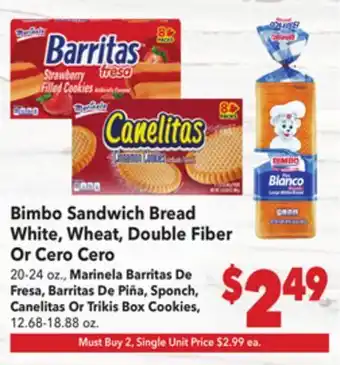 Vallarta Supermarkets Bimbo Sandwich Bread White, Wheat, Double Fiber Or Cero Cero offer