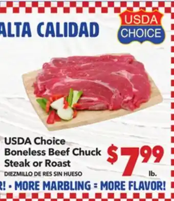 Vallarta Supermarkets USDA Choice Boneless Beef Chuck Steak or Roast / DIEZMILLO DE RES SIN HUESO offer