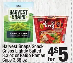 Super King Markets Harvest Snaps Snack Crisps Lightly Salted 3.3 oz or Paldo Ramen Cups 3.88 oz offer