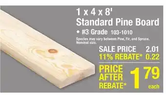 Menards 1 x 4 x 8' Standard Pine Board offer