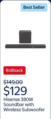 Walmart Hisense 3.1 Channel 380W Soundbar with Wireless Subwoofer* and Dolby Atmos (R632) offer