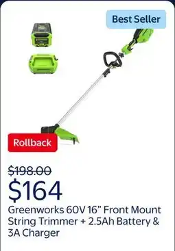 Walmart Greenworks 60V 16 Front Mount String Trimmer + 2.5Ah Battery & 3A Charger 2134302 offer