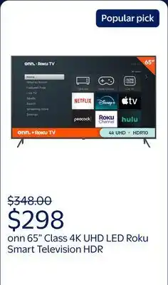 Walmart onn 65 Class 4K UHD (2160P) LED Roku Smart Television HDR (100012587) offer