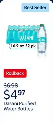 Walmart Dasani Purified Water Bottles, 16.9 fl oz, 32 Pack offer