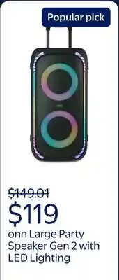 Walmart onn Large Party Speaker Gen 2 with LED Lighting offer