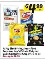 Winn Dixie Party Size Fritos, Smartfood Popcorn, Lay's Potato Chips or Cape Cod Kettle Chips offer