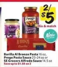 Winn Dixie Barilla Al Bronzo Pasta, Prego Pasta Sauce, SE Grocers Alfredo Sauce offer