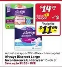 Winn Dixie Always Discreet Large Incontinence Underwear offer