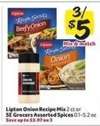 Winn Dixie Lipton Onion Recipe Mix or SE Grocers Assorted Spices offer