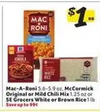 Winn Dixie Mac-A-Roni, McCormick Chili Mix, SE Grocers Rice offer