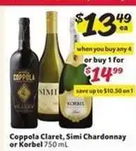 Winn Dixie Coppola Claret, Simi Chardonnay or Korbel offer
