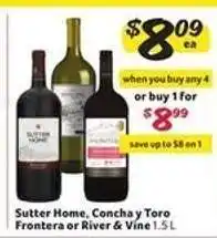 Winn Dixie Sutter Home, Concha y Toro Frontera or River & Vine offer