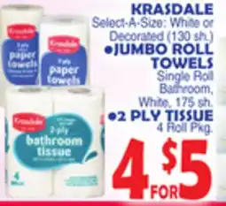 Bravo Supermarkets KRASDALE,JUMBO ROLL TOWELS 2 PLY TISSUE offer