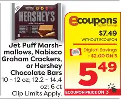 Weis Markets Jet Puff Marsh-mallows, Nabisco Graham Crackers, or Hershey Chocolate Bars offer