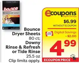 Weis Markets Bounce Dryer Sheets 80 ct Downy Rinse & Refresh or Tide Rinse 25.5 oz offer