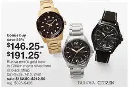 JC Penney Bulova men's gold tone or Citizen men's silver-tone or black strap offer